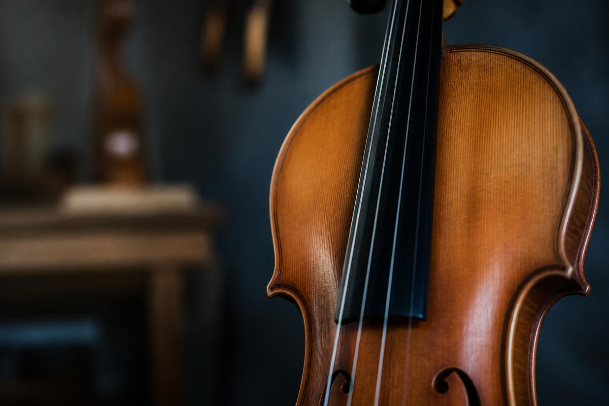 Violin fingerboard detail in warm studio light
