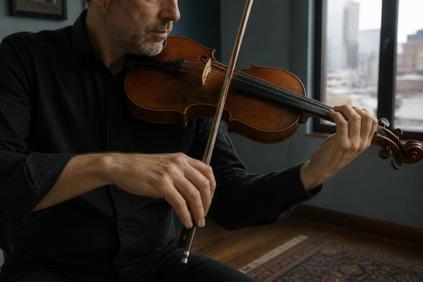 Adult violinist drawing the bow across the strings