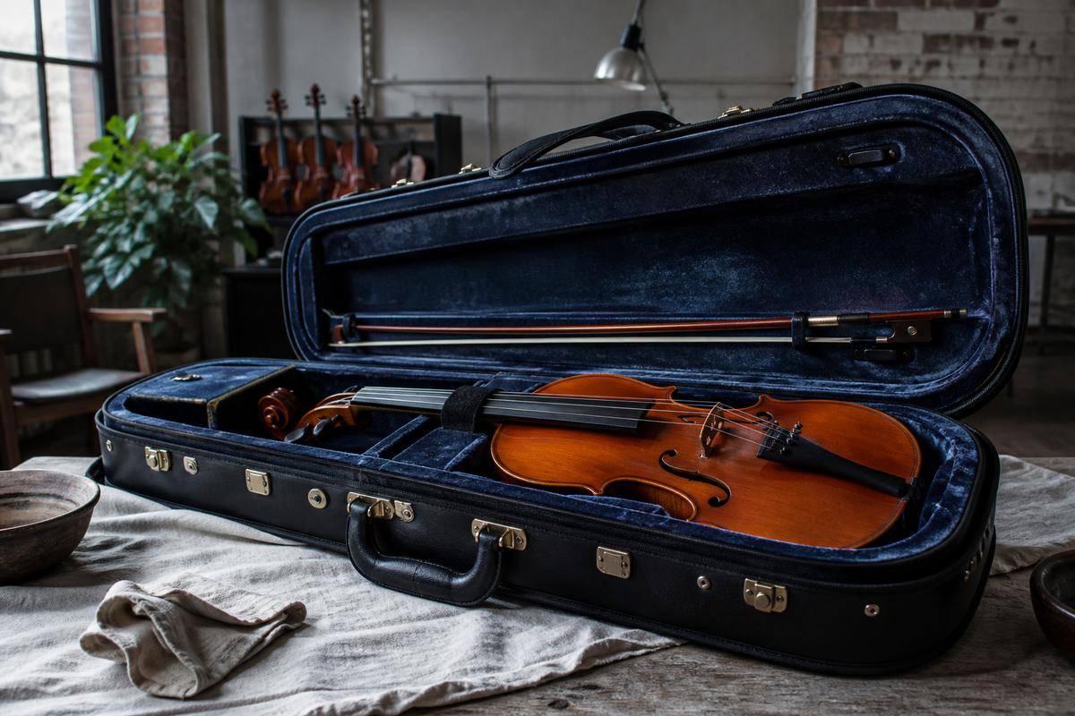 Open violin case with instrument on linen