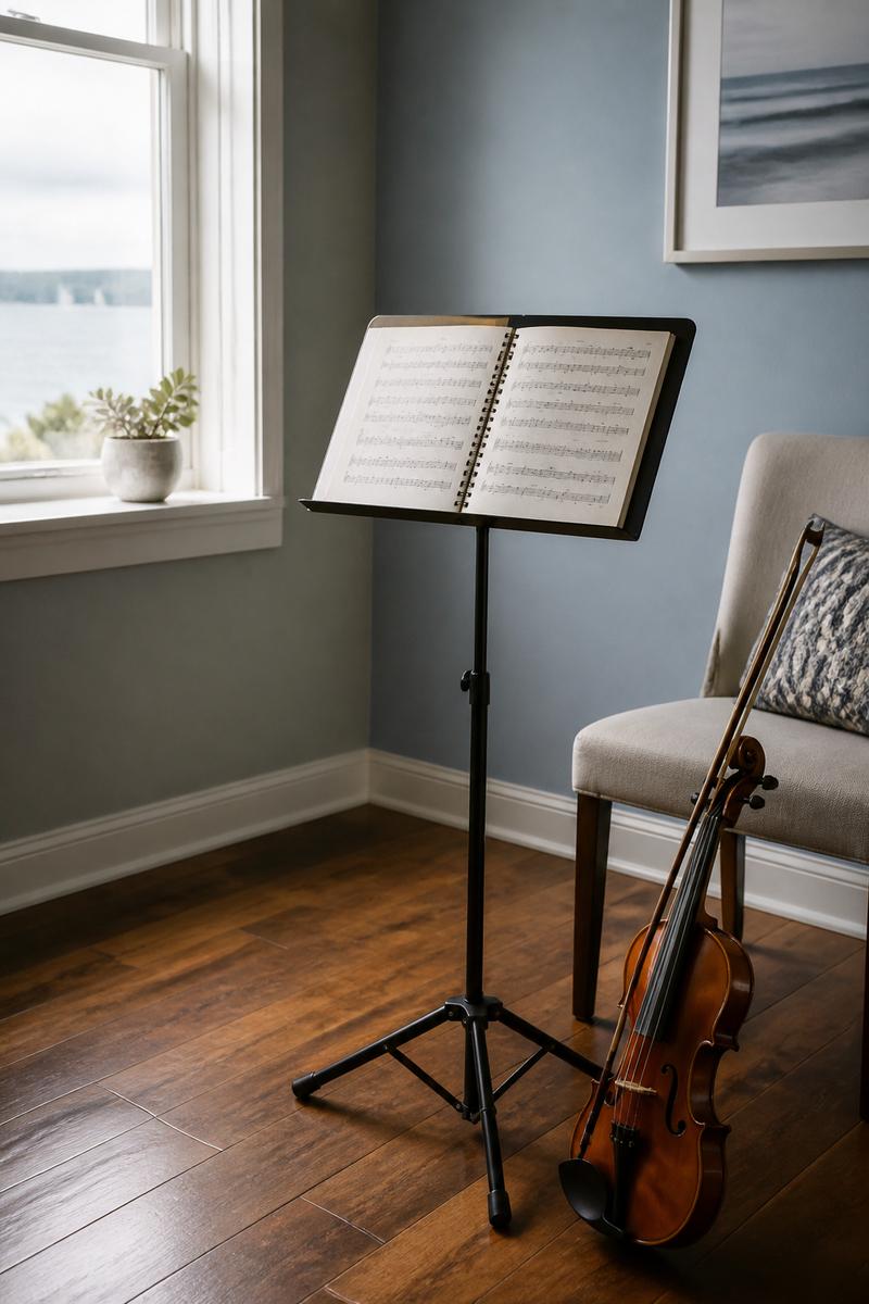 Music stand and violin in a quiet lesson room
